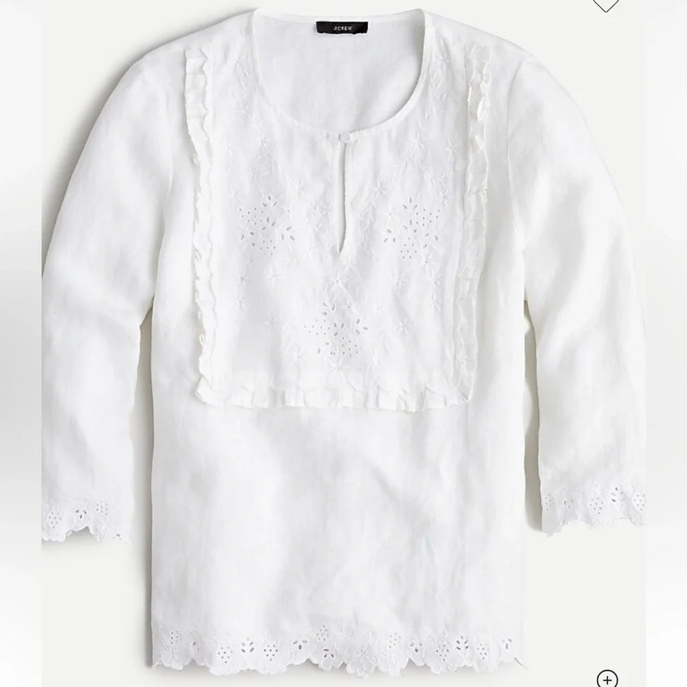 J. Crew Embroidered Tunic Top 100% Linen Blouse Women’s Large White Eyelet-Lace